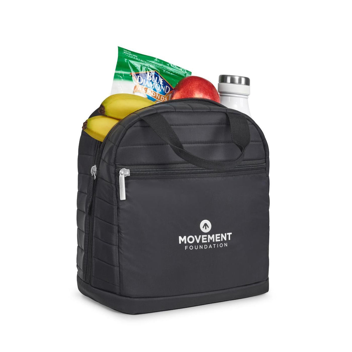 Quilted Nylon Lunch Cooler with Bottle Sleeve Transfer - Black - View 2