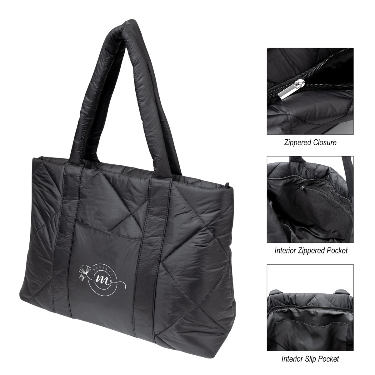 Quilted Puffer Tote Bag, Luxe - Black - Silk Screen