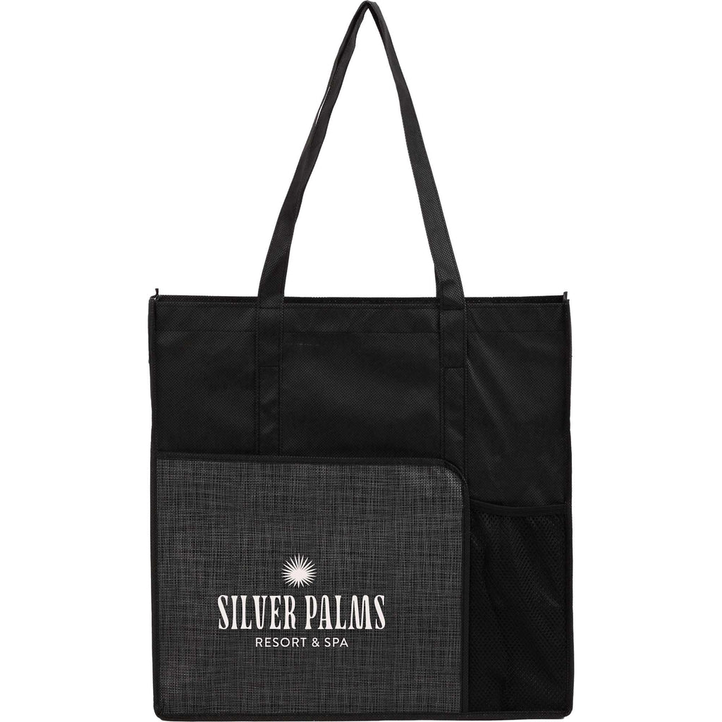 Radius Recycled Tote with Mesh Bottle Pocket Full Color - Black - Front