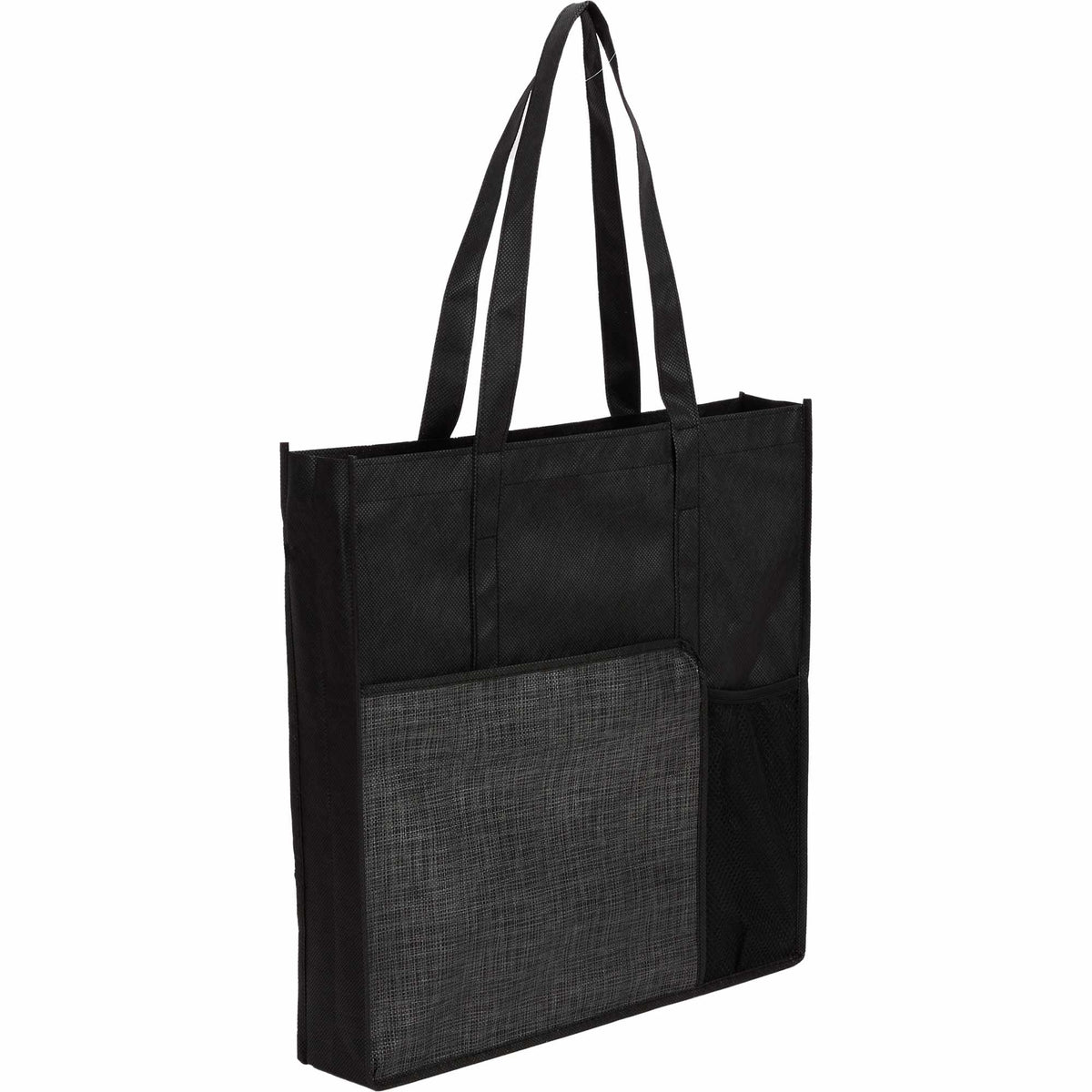 Radius Recycled Tote with Mesh Bottle Pocket Full Color - Black - Right Angle