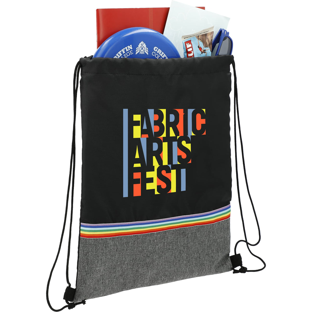 Rainbow Color Block Recycled Drawstring Bag - Black - Propped