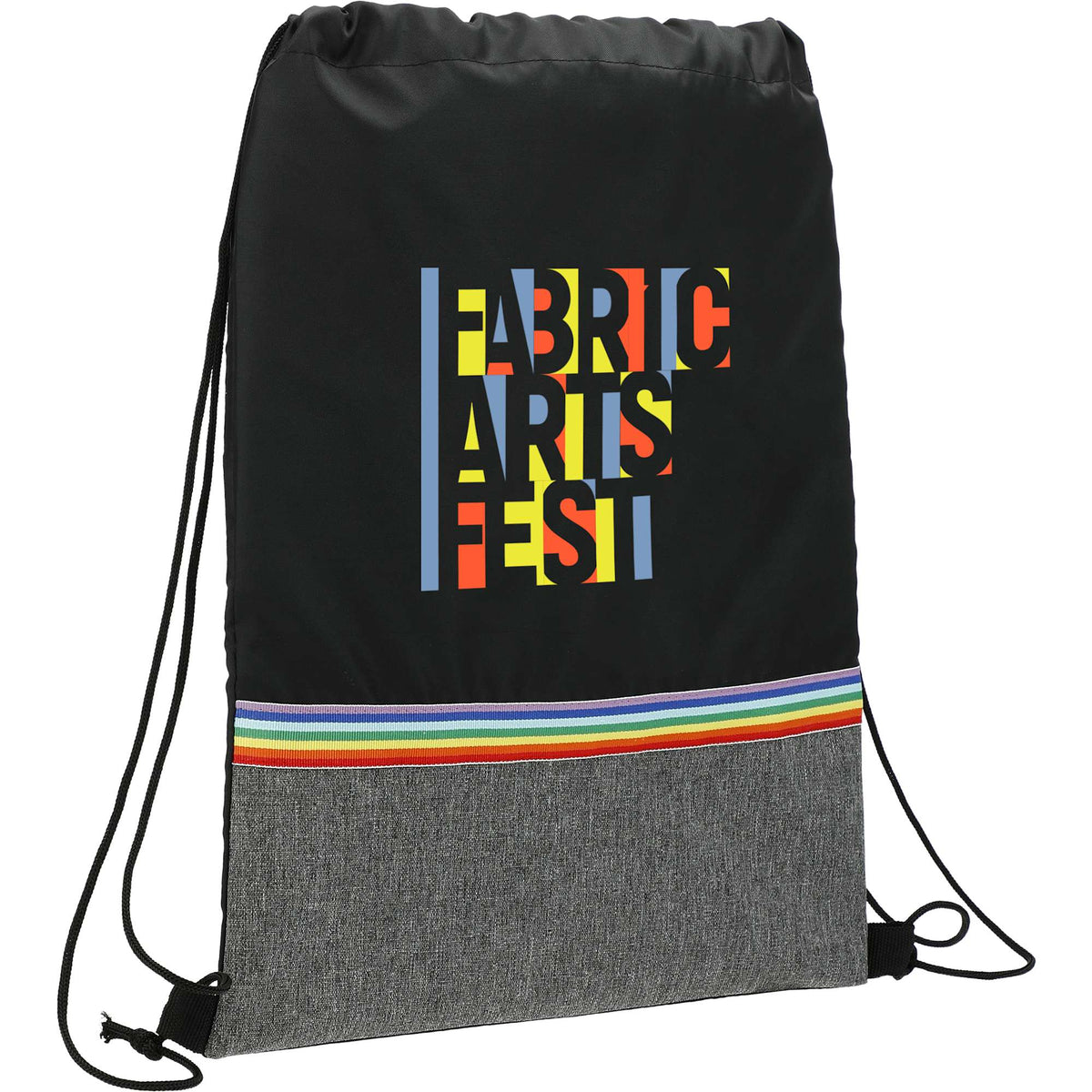 Rainbow Color Block Recycled Drawstring Bag Full Color - Black - Angled