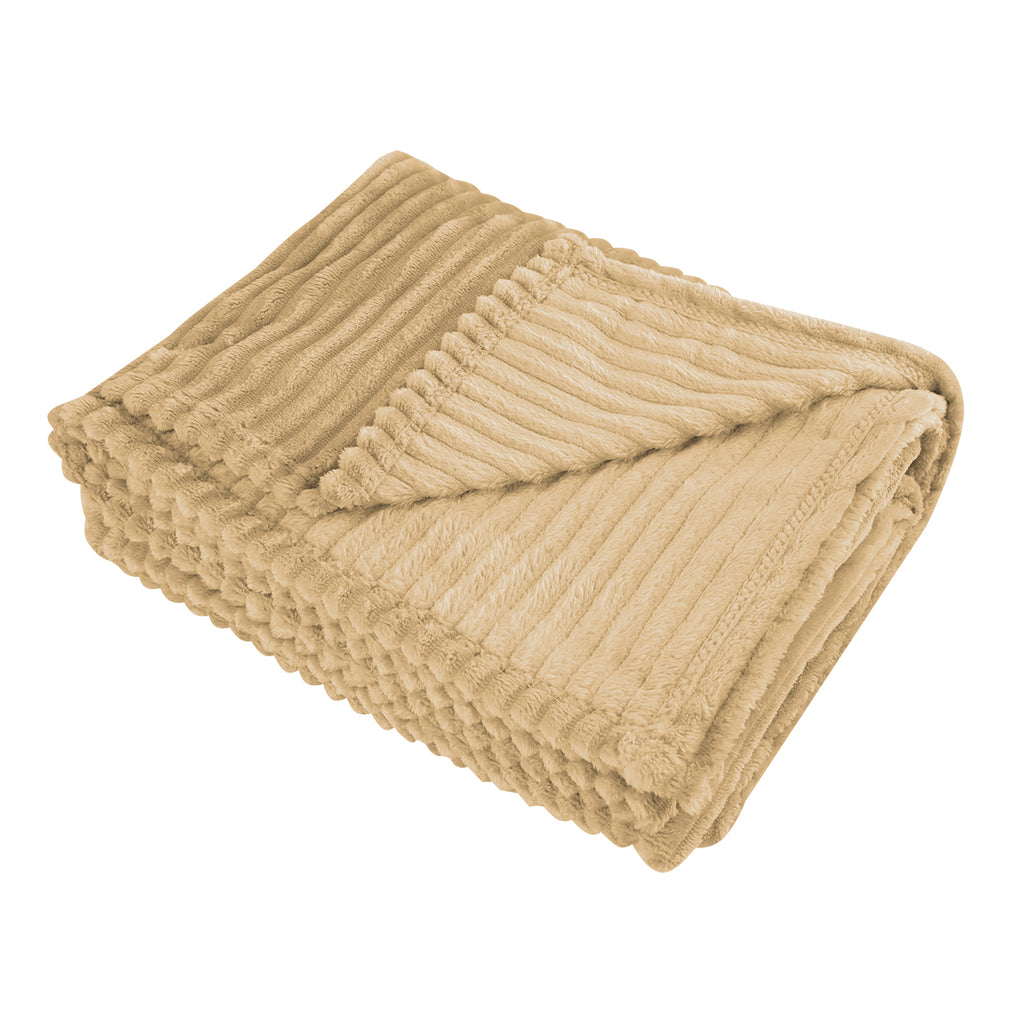 Raleigh Ribbed Flannel Blanket in Recycled PET - Tan - Open