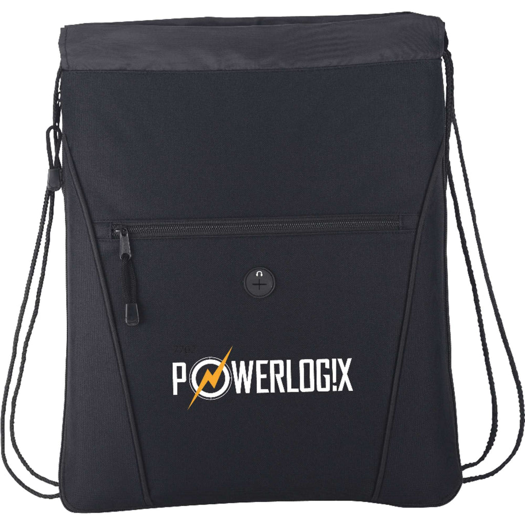 Raven Expandable Drawstring Bag with Earbud Port - Black - Front