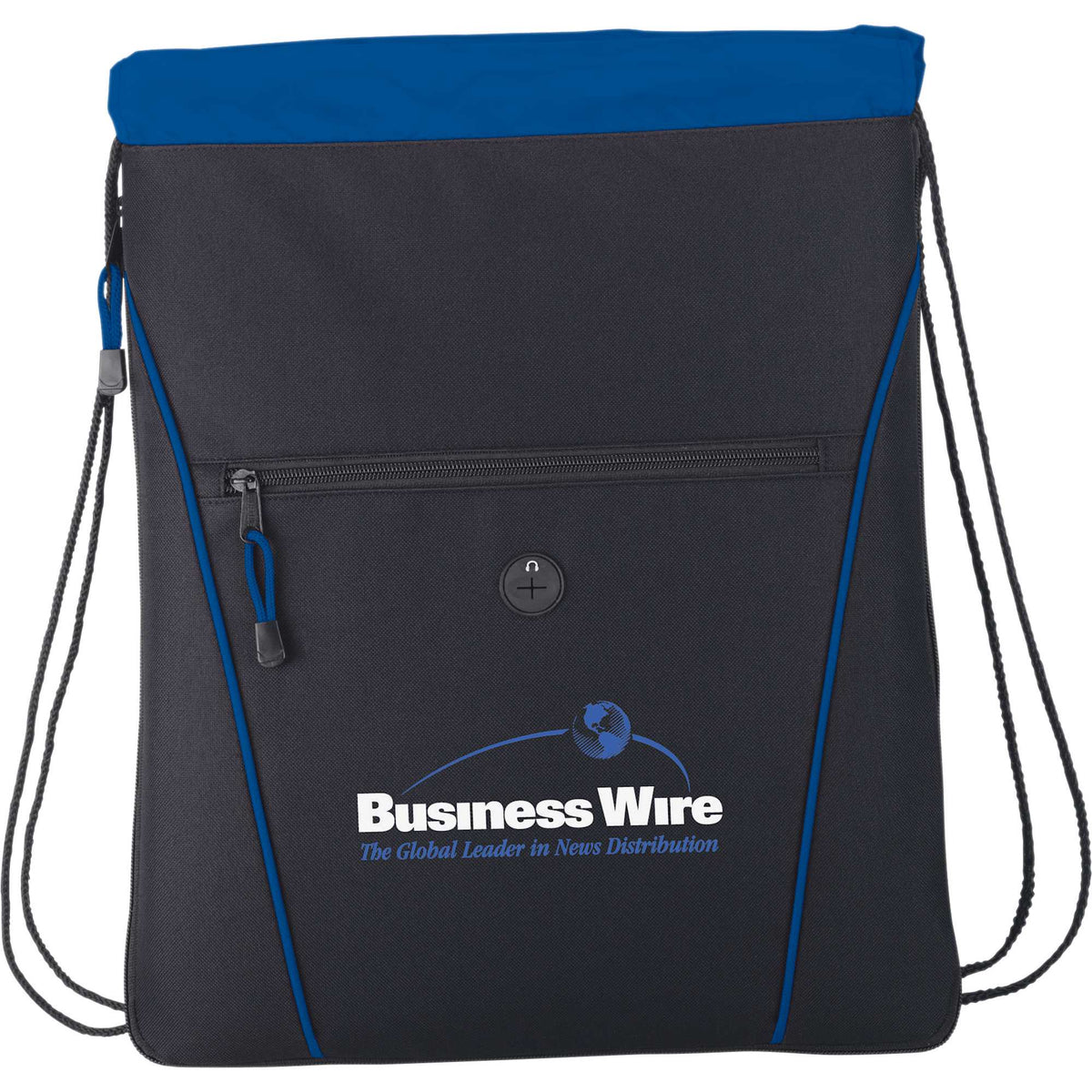 Raven Expandable Drawstring Bag with Earbud Port - Black w/Blue Trim - Front