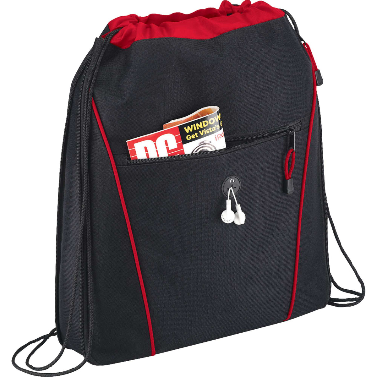 Raven Expandable Drawstring Bag with Earbud Port - Black w/Red Trim - Photo