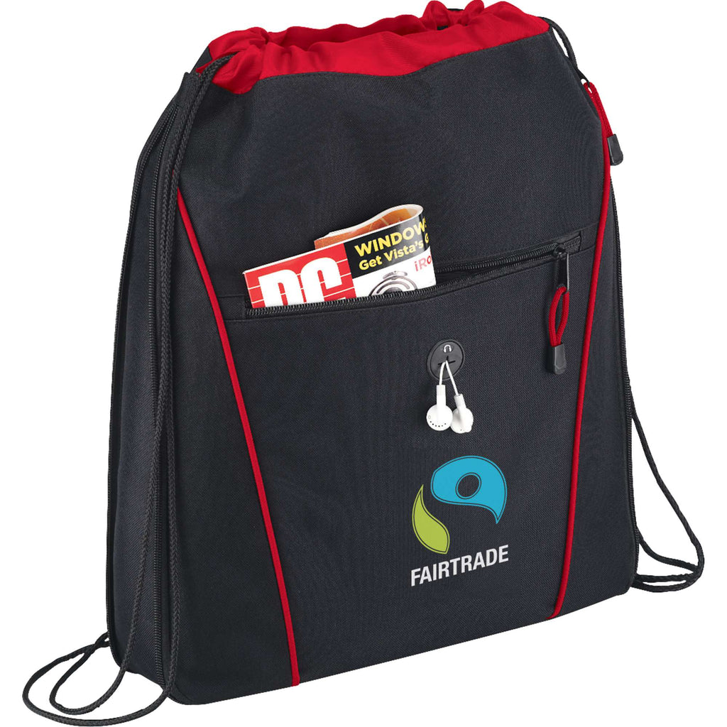 Raven Expandable Drawstring Bag with Earbud Port Full Color - Black w/Red Trim - Front