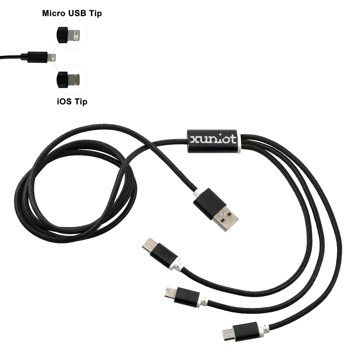 Realm Aluminum 3-in-1 Charging Cable, 47 Inch Laser Engraving - Black - Front