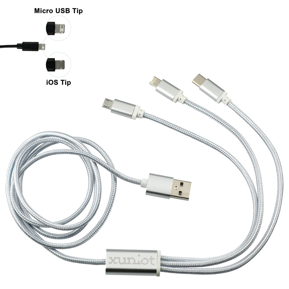 Realm Aluminum 3-in-1 Charging Cable, 47 Inch Laser Engraving - Silver - Front