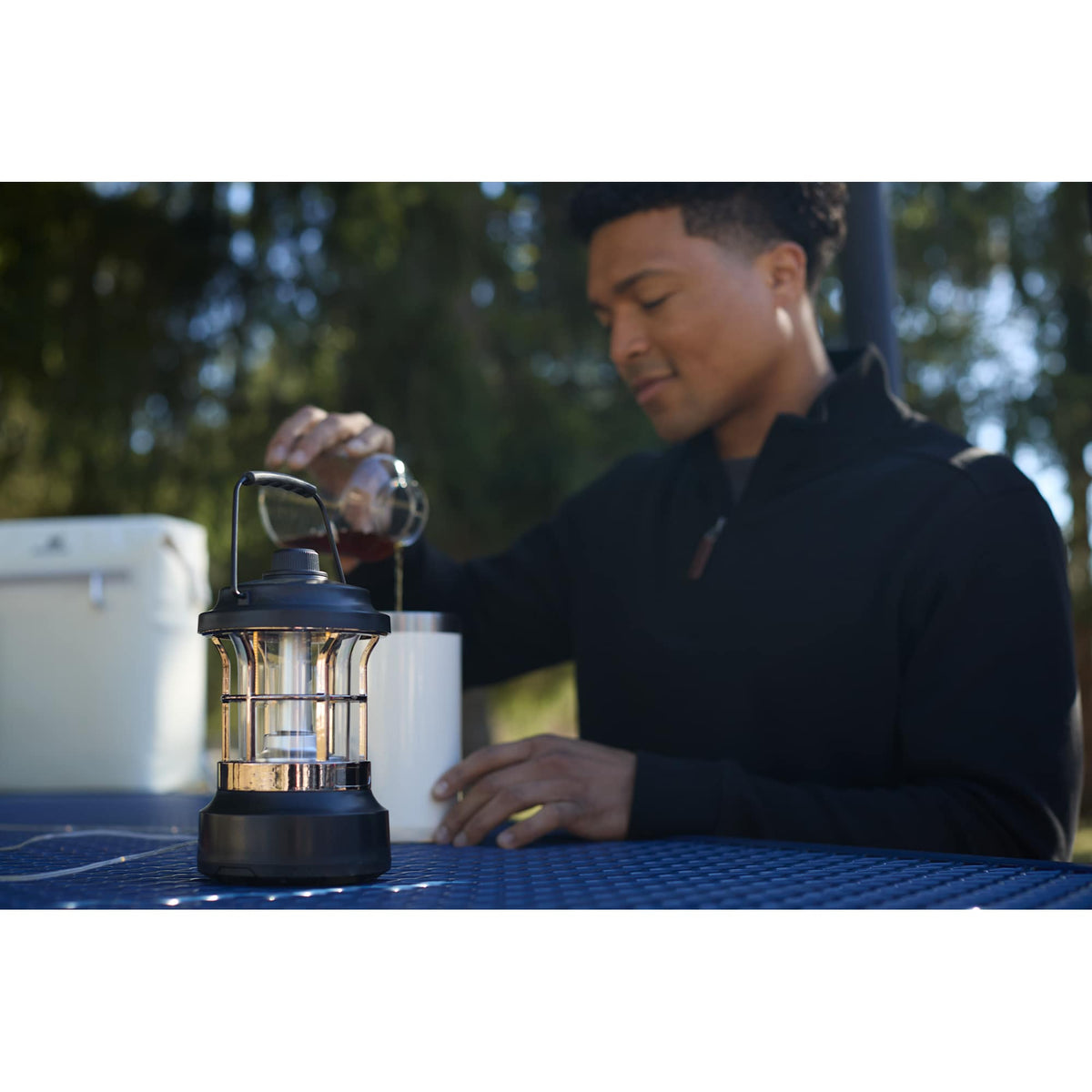 Rechargeable Camping Lantern with 30 ft String Lights - Black - Front Lifestyle 2
