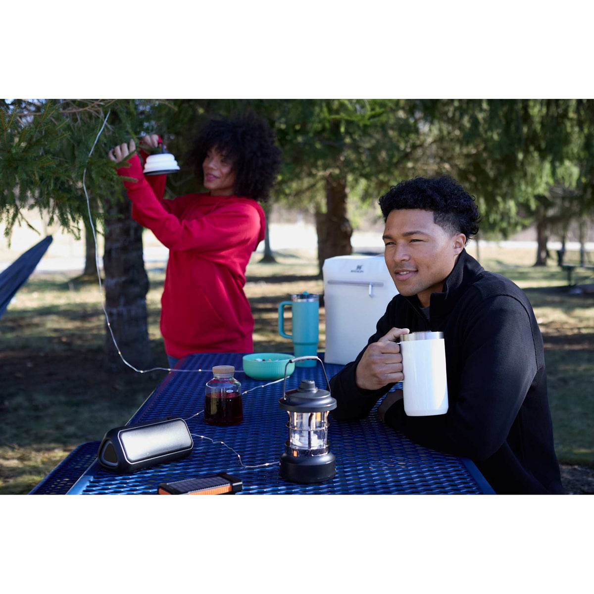 Rechargeable Camping Lantern with 30 ft String Lights - Black - Front Lifestyle