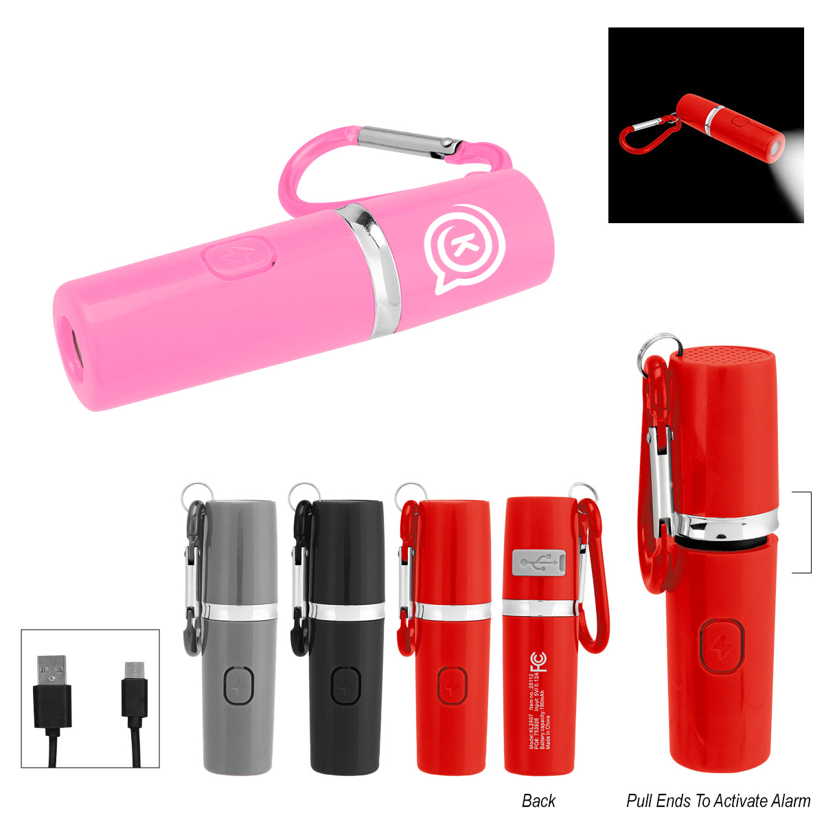 Rechargeable Portable Alarm and Flashlight with Carabiner - Rechargeable Portable Alarm And Flashlight With Carabiner Attachment