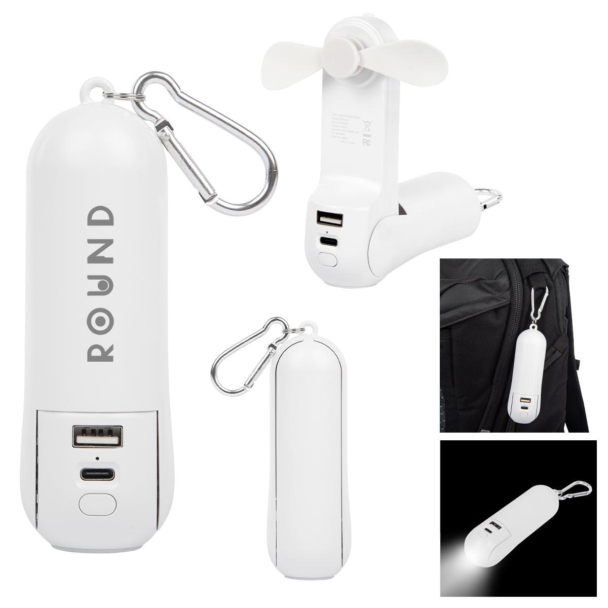Rechargeable Power Bank with Fan and Flashlight - White - Silk Screen