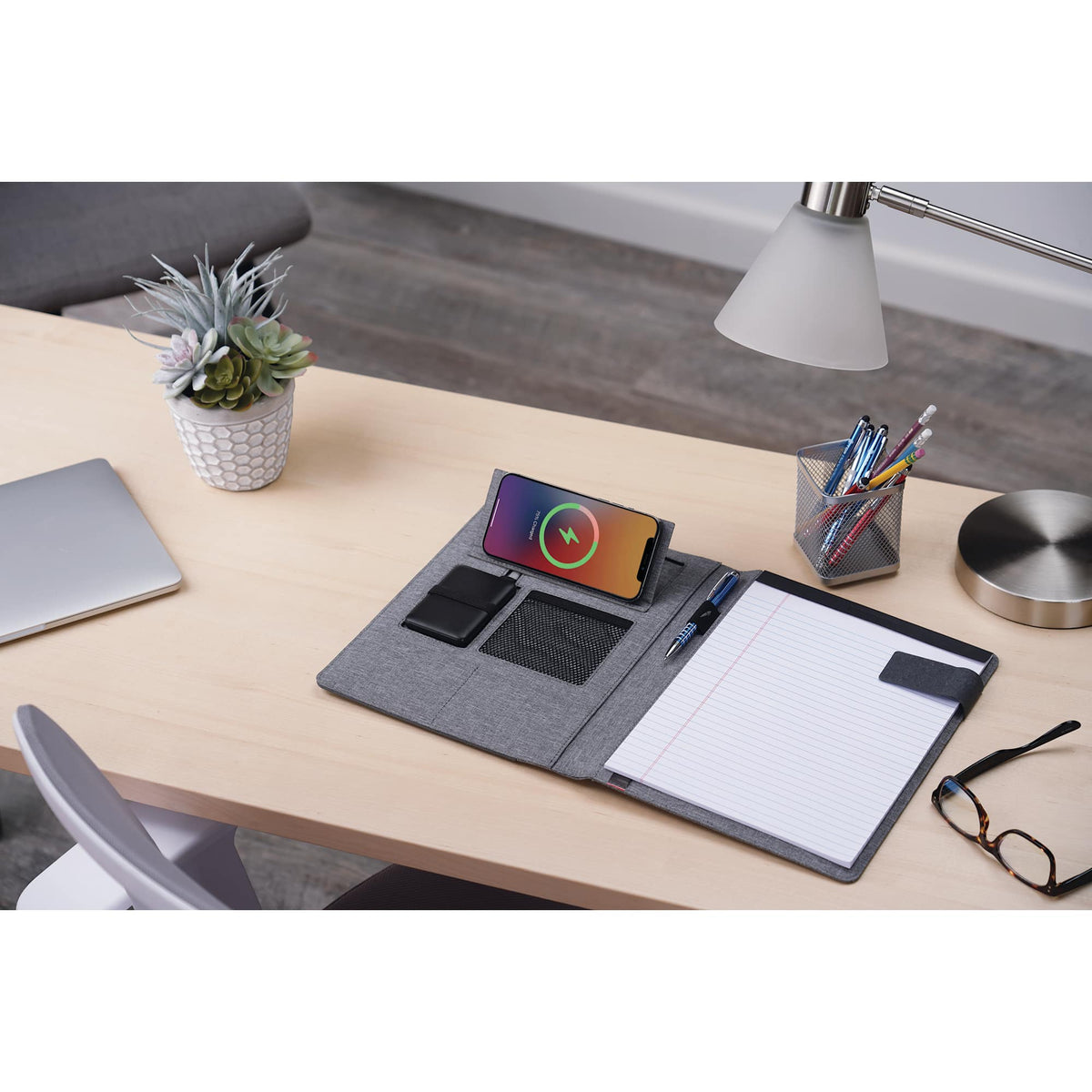 Reclaim Recycled Wireless Charging Writing Pad, 5,000 mAh - Gray - Open Front