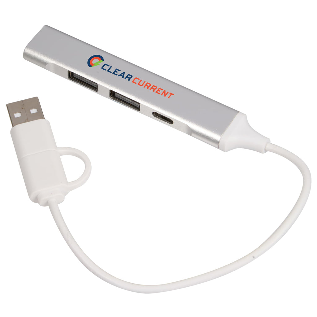 Recycled Aluminum Four Port Hub, USB-A and USB-C Laser Engraving - Silver - Left Angle