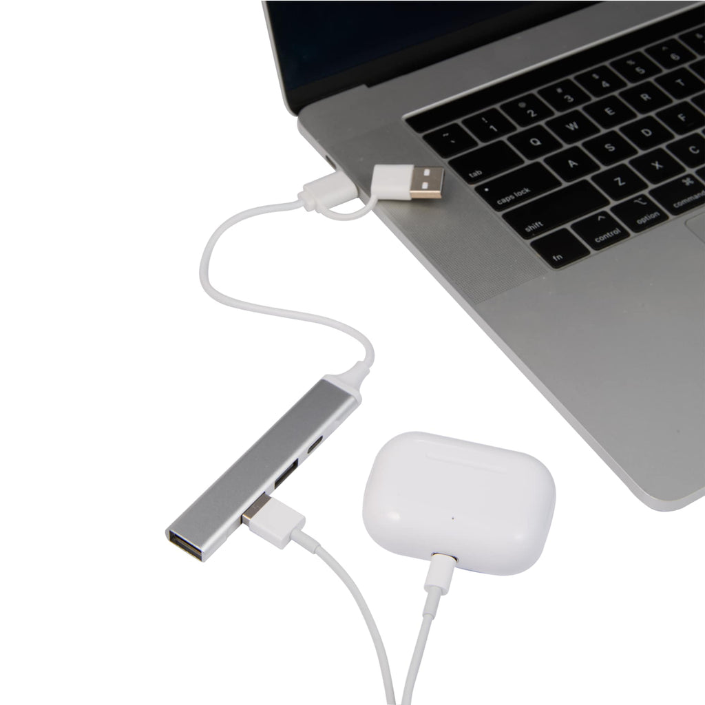 Recycled Aluminum Four Port Hub, USB-A and USB-C Laser Engraving - Silver - Propped