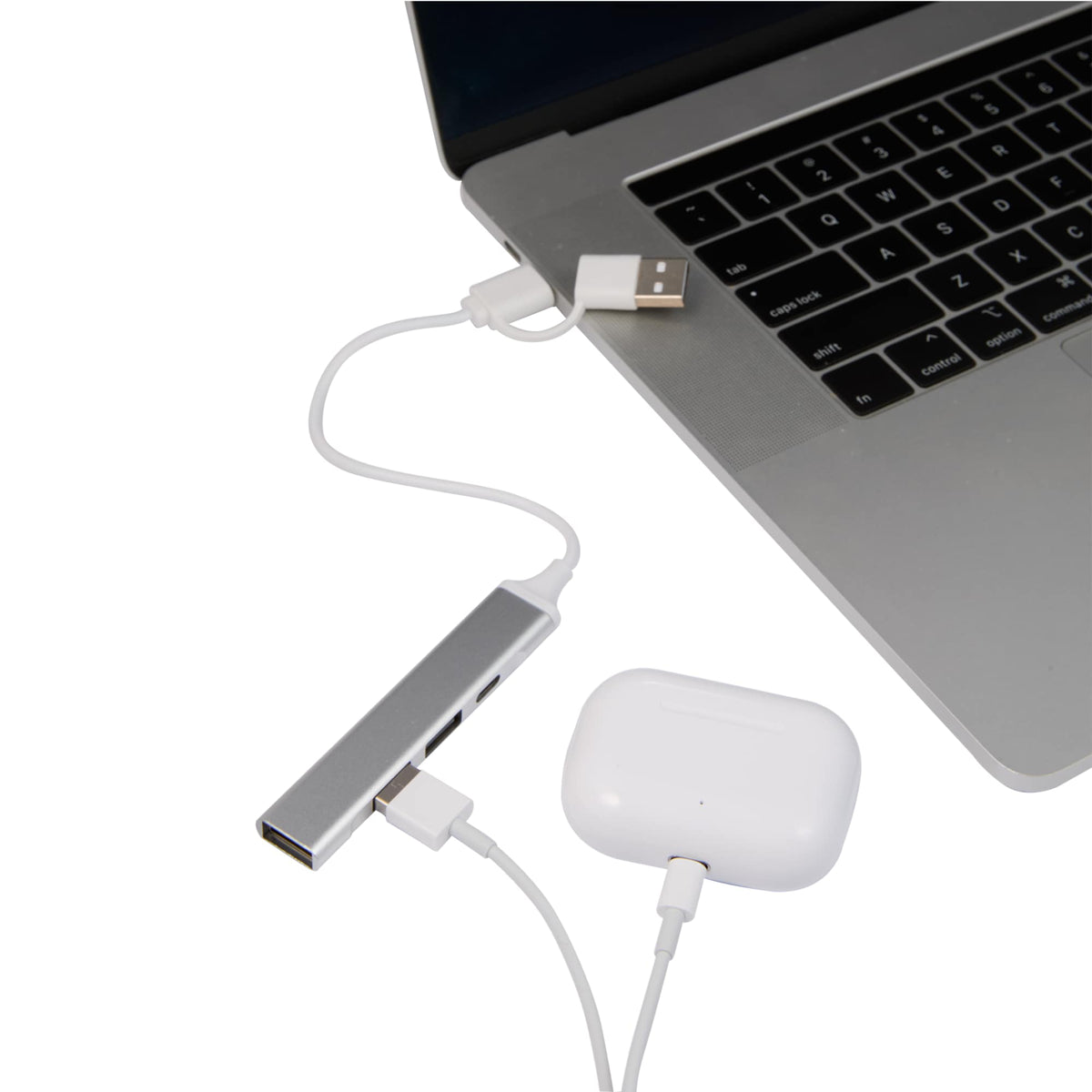 Recycled Aluminum Four Port Hub, USB-A and USB-C Laser Engraving - Silver - Propped