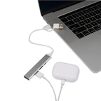 Recycled Aluminum Four Port Hub, USB-A and USB-C - Silver - Propped