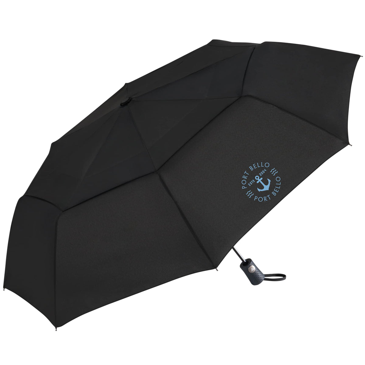 Recycled Auto-Open Folding Umbrella, 46 Inch Transfer - Black - Left Angle