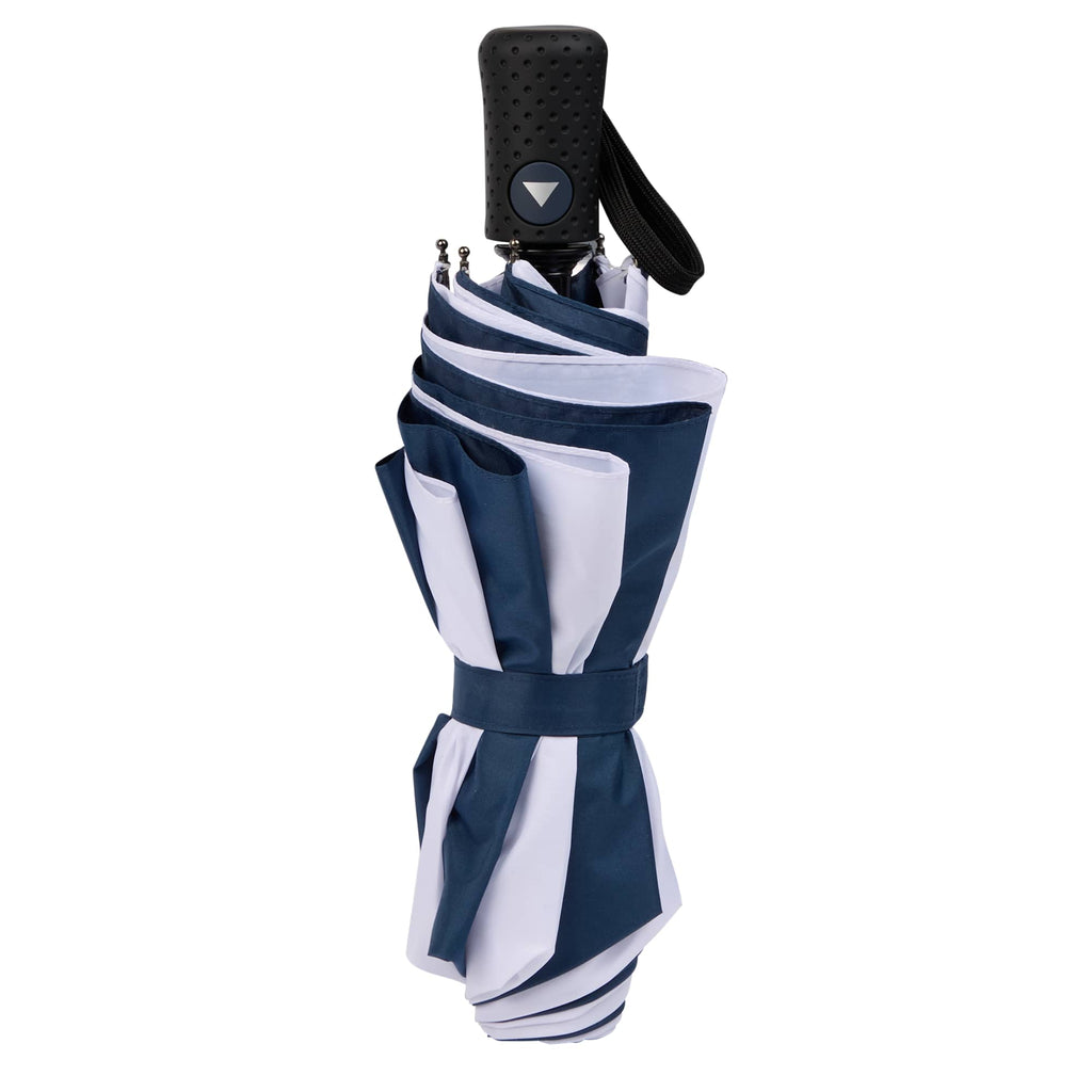 Recycled Auto-Open Folding Umbrella, 46 Inch Transfer - Navy/White - Closed