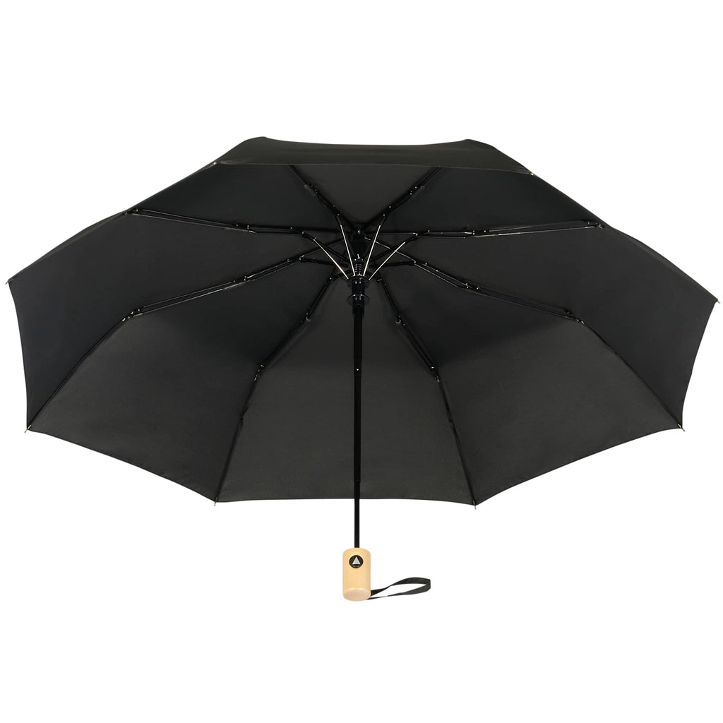 Recycled Auto-Open Folding Umbrella with Wood Handle, 42 Inch - Black - Bot