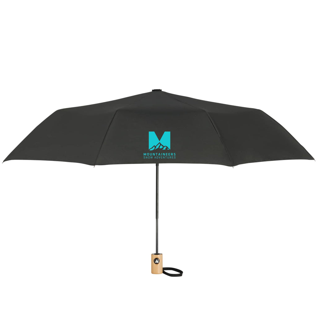 Recycled Auto-Open Folding Umbrella with Wood Handle, 42 Inch - Black - Front 2