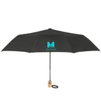 Recycled Auto-Open Folding Umbrella with Wood Handle, 42 Inch - Black - Front 2