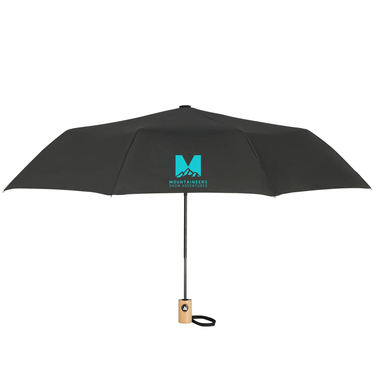 Recycled Auto-Open Folding Umbrella with Wood Handle, 42 Inch - Black - Front 2