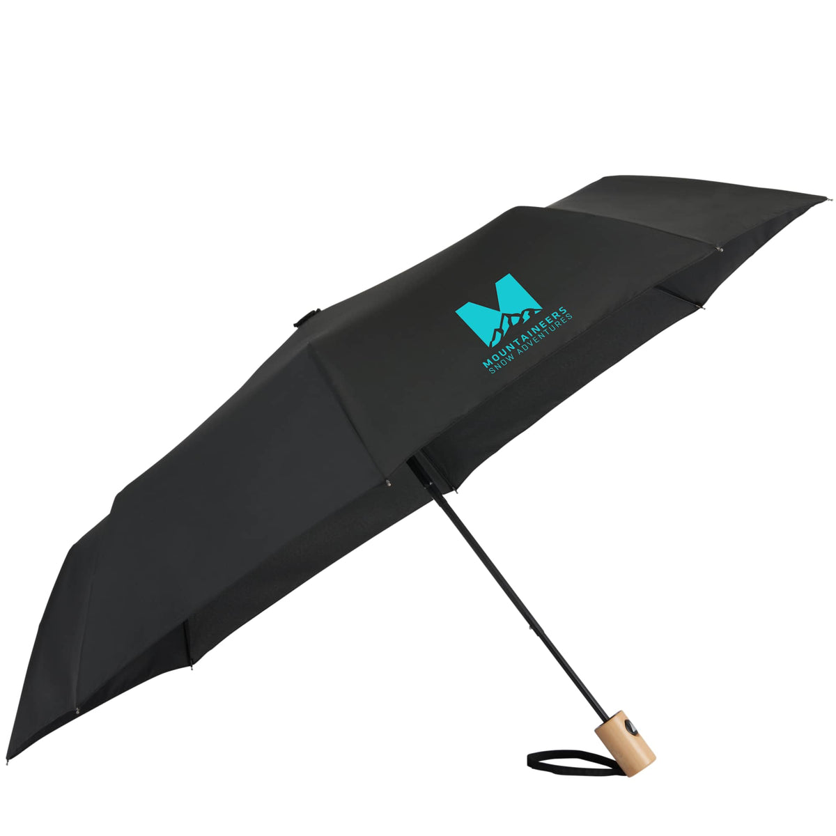 Recycled Auto-Open Folding Umbrella with Wood Handle, 42 Inch - Black - Right Angle 2