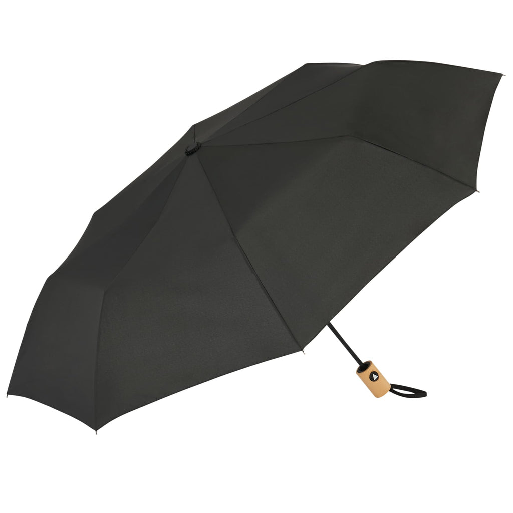 Recycled Auto-Open Folding Umbrella with Wood Handle, 42 Inch - Black - Right Angle 4