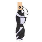 Recycled Auto-Open Folding Umbrella with Wood Handle, 42 Inch - Black/White - Closed
