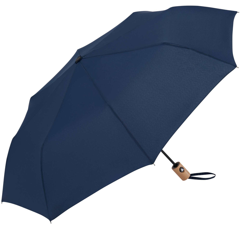 Recycled Auto-Open Folding Umbrella with Wood Handle, 42 Inch - Navy - Left Angle 3