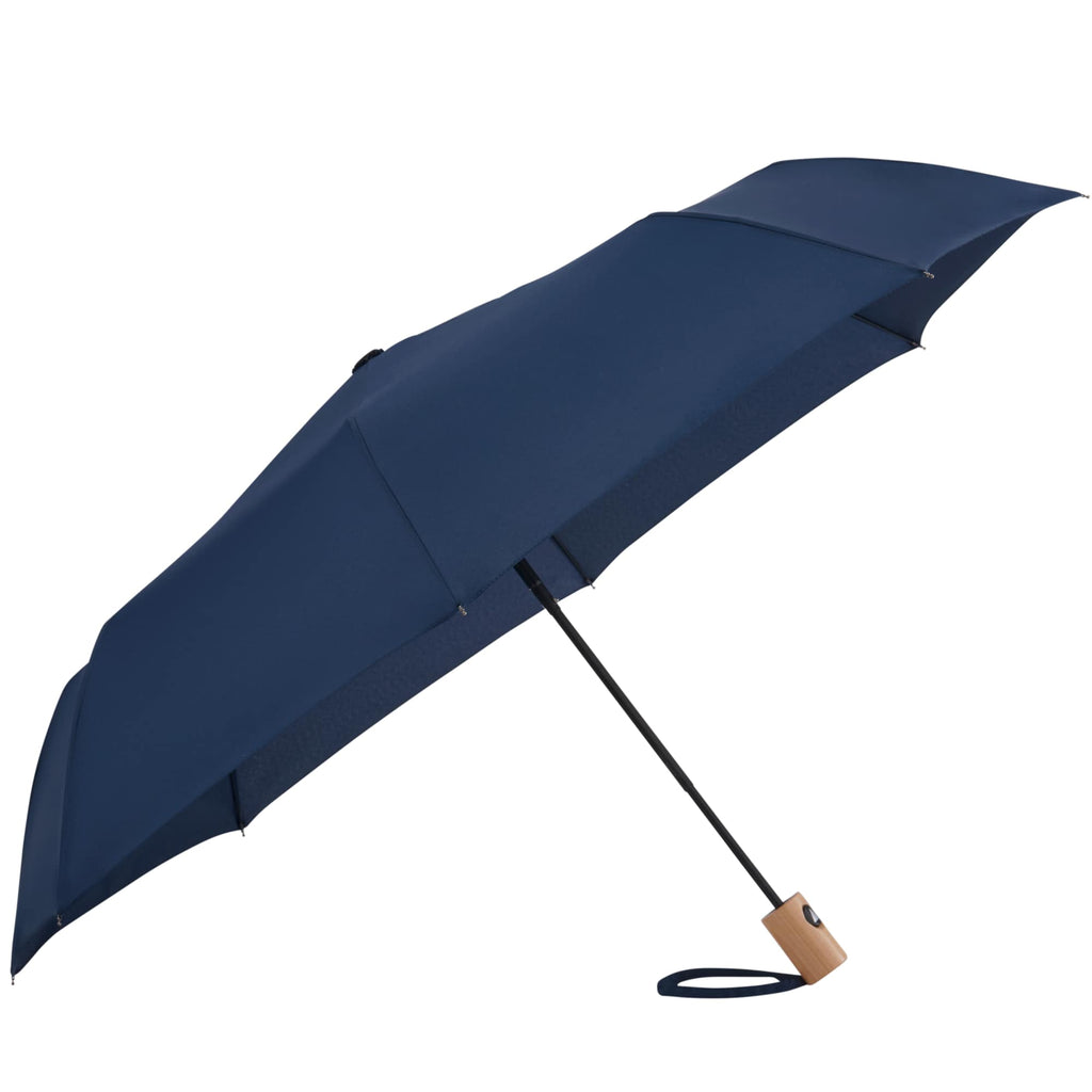 Recycled Auto-Open Folding Umbrella with Wood Handle, 42 Inch - Navy - Left Angle 4