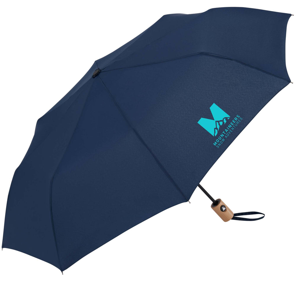 Recycled Auto-Open Folding Umbrella with Wood Handle, 42 Inch - Navy - Left Angle
