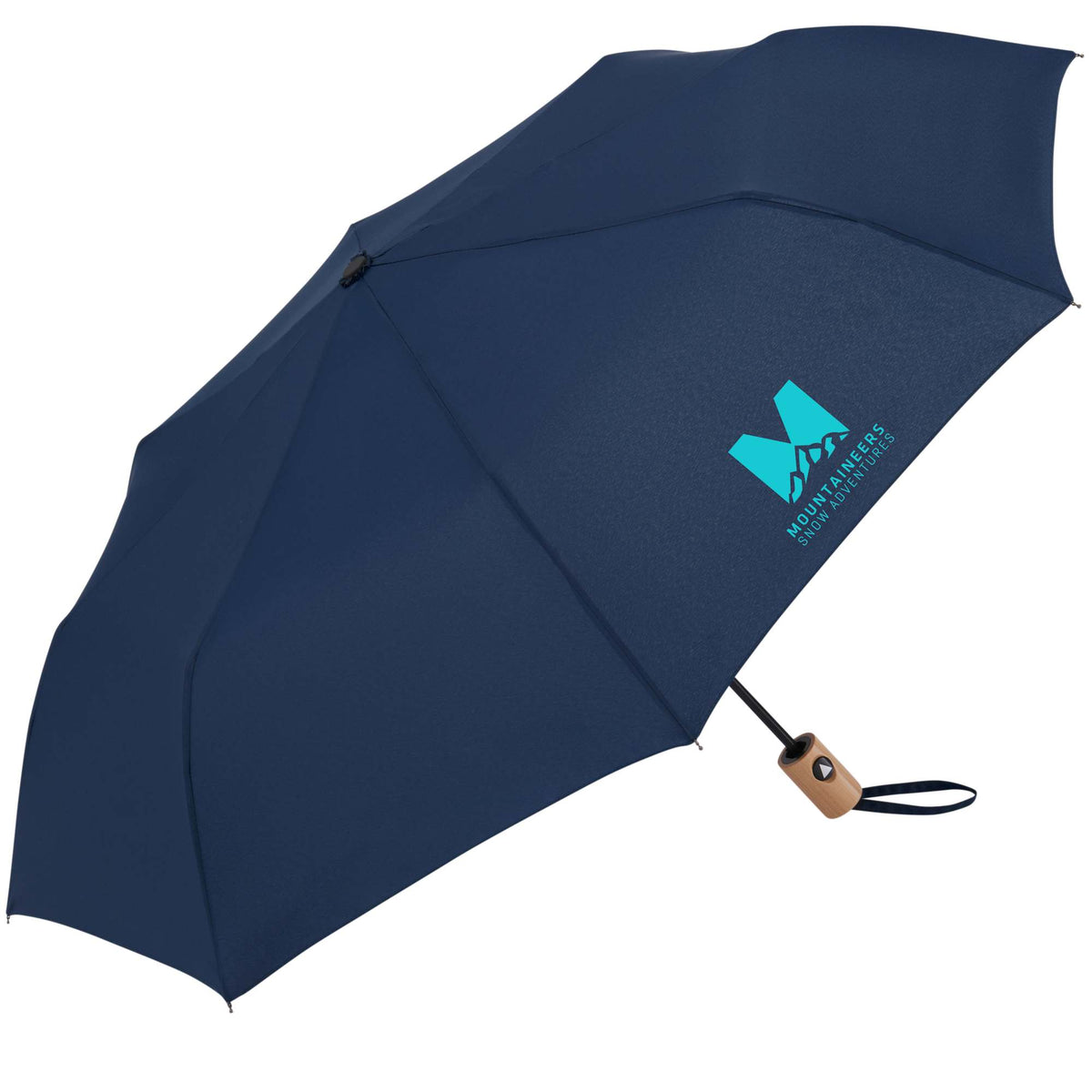 Recycled Auto-Open Folding Umbrella with Wood Handle, 42 Inch - Navy - Left Angle