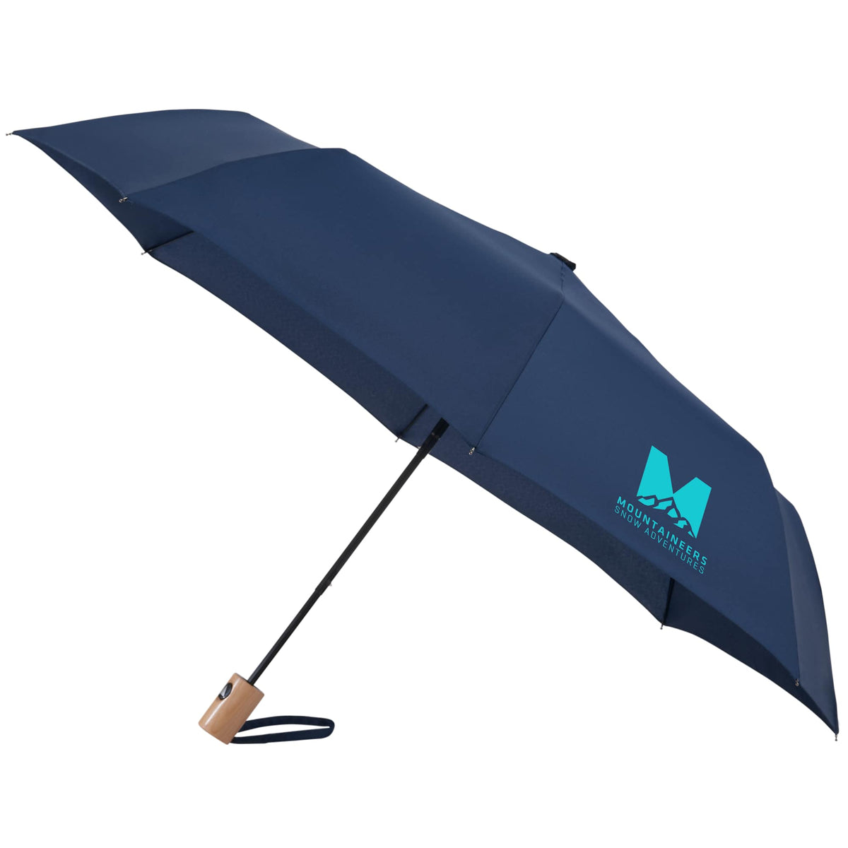 Recycled Auto-Open Folding Umbrella with Wood Handle, 42 Inch - Navy - Right Angle
