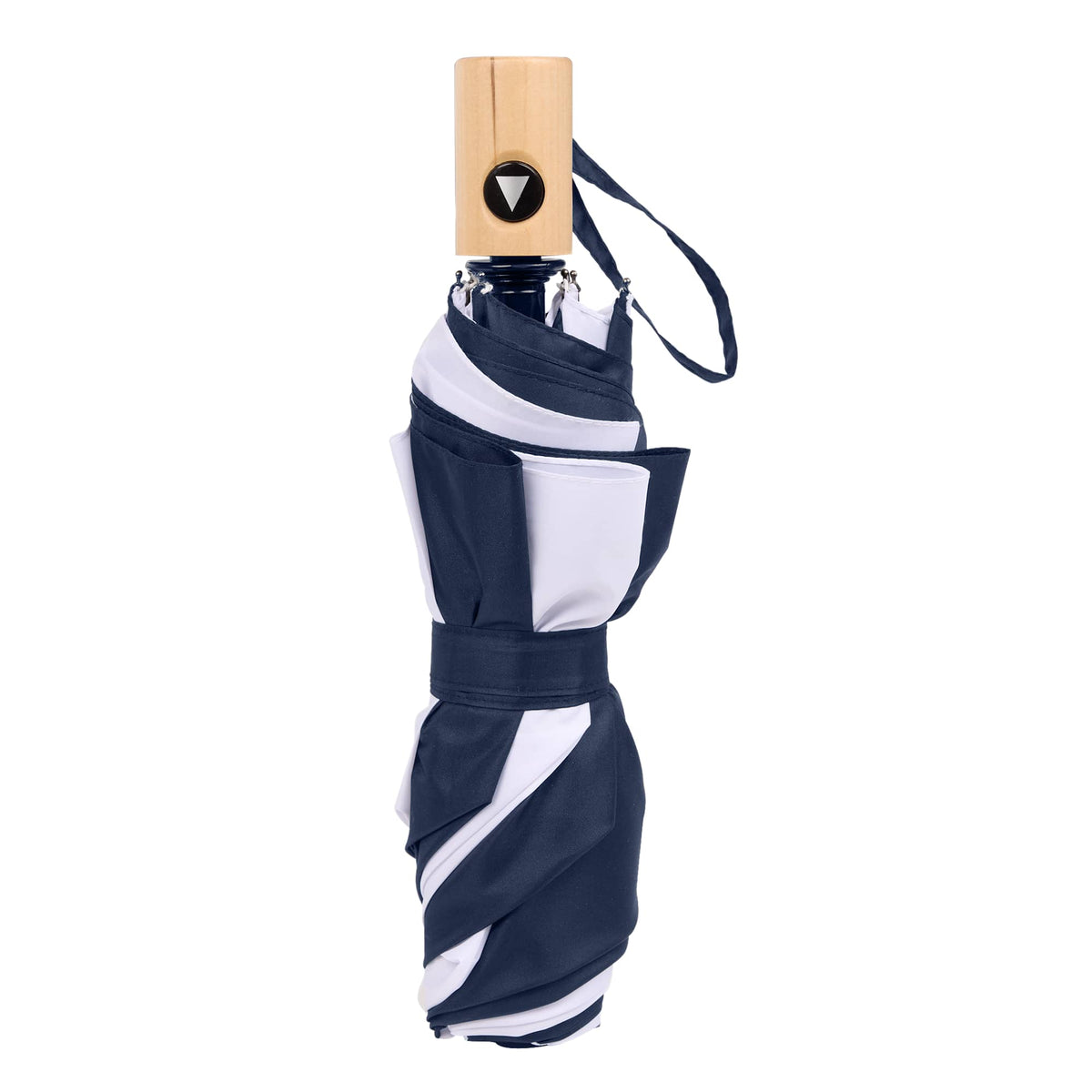 Recycled Auto-Open Folding Umbrella with Wood Handle, 42 Inch - Navy/White - Closed