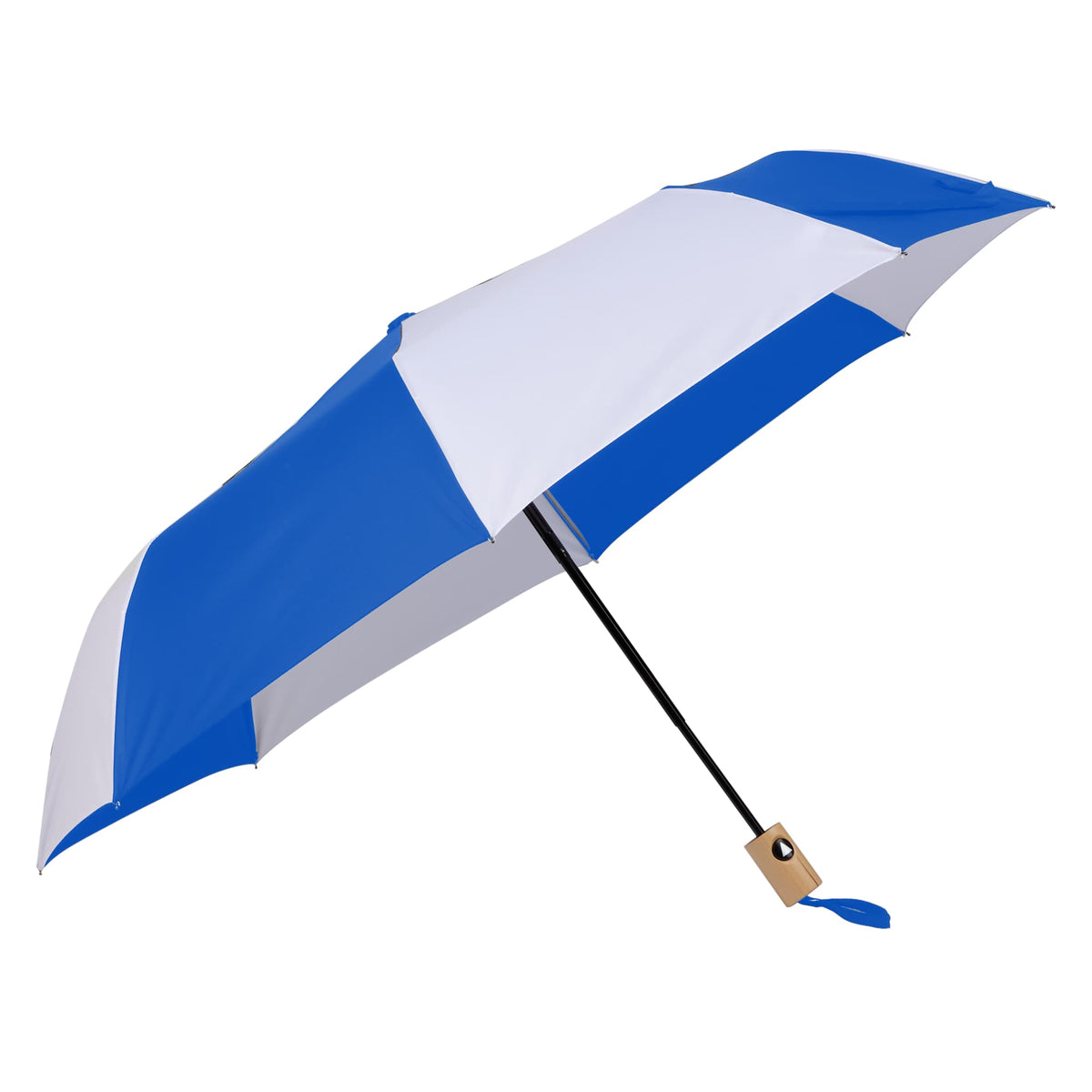 Recycled Auto-Open Folding Umbrella with Wood Handle, 42 Inch - Royal/White - Right Angle 2