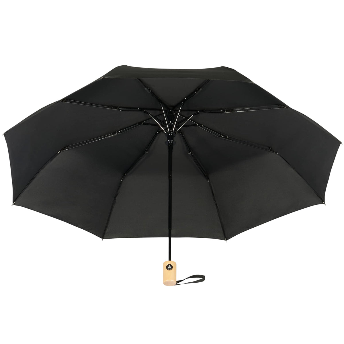 Recycled Auto-Open Folding Umbrella with Wood Handle, 42 Inch Transfer - Black - Bot