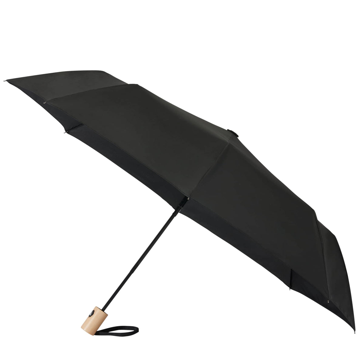 Recycled Auto-Open Folding Umbrella with Wood Handle, 42 Inch Transfer - Black - Left Angle 2