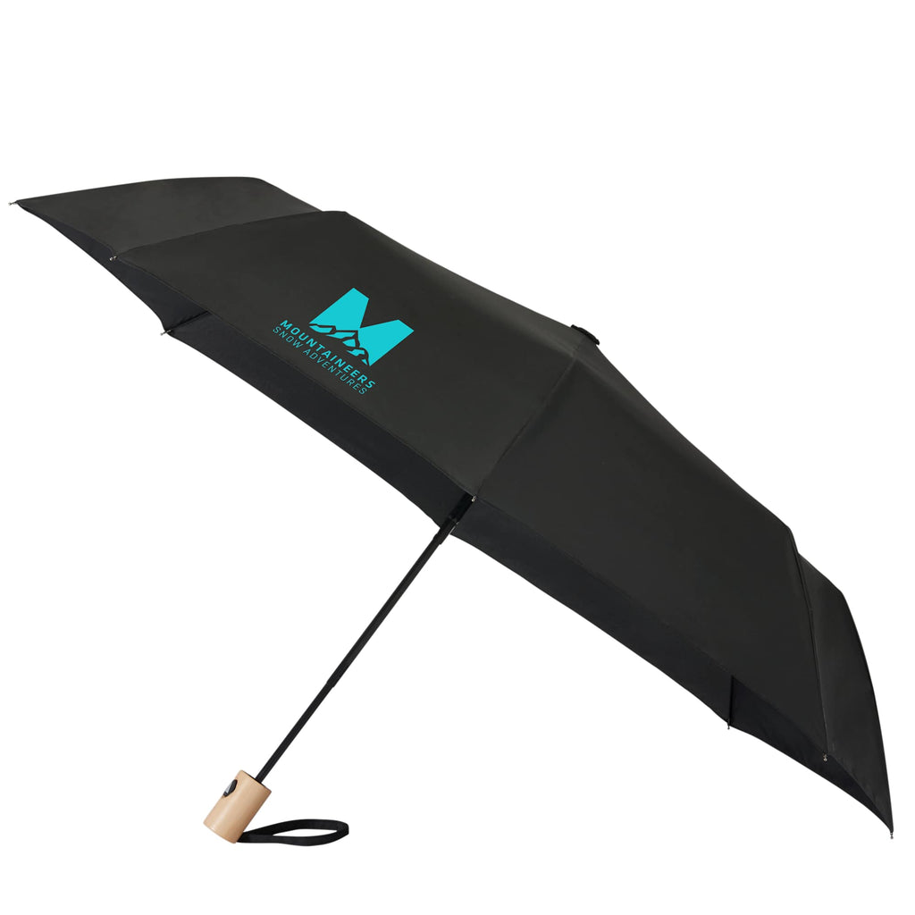 Recycled Auto-Open Folding Umbrella with Wood Handle, 42 Inch Transfer - Black - Left Angle