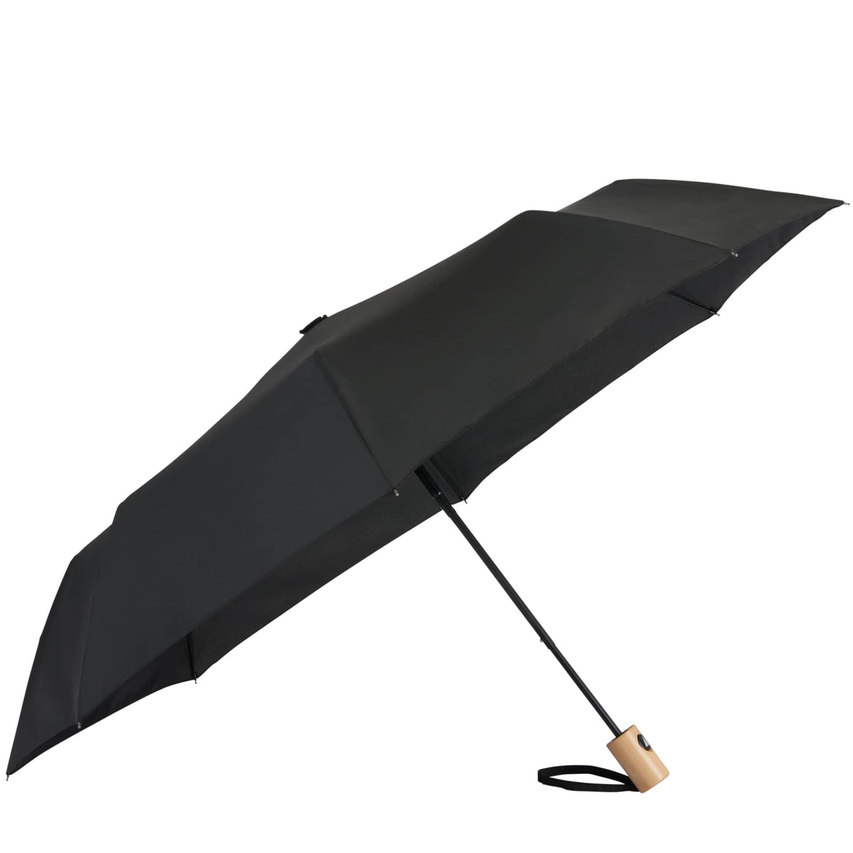 Recycled Auto-Open Folding Umbrella with Wood Handle, 42 Inch Transfer - Black - Right Angle 3