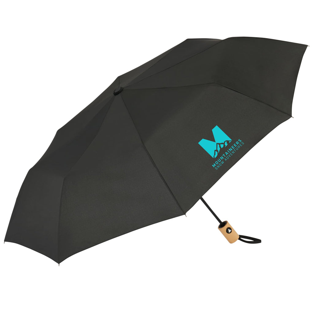 Recycled Auto-Open Folding Umbrella with Wood Handle, 42 Inch Transfer - Black - Right Angle