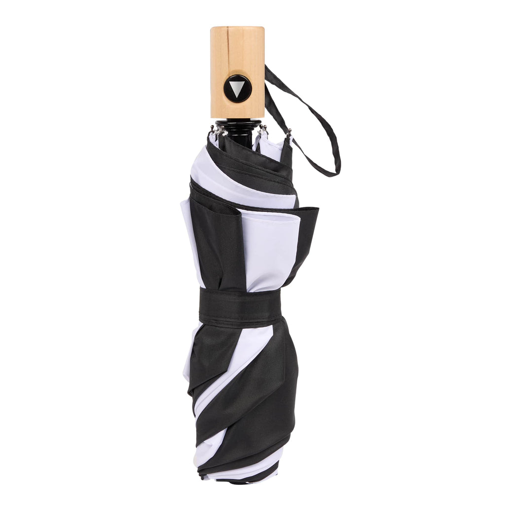 Recycled Auto-Open Folding Umbrella with Wood Handle, 42 Inch Transfer - Black/White - Closed