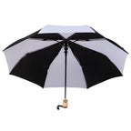 Recycled Auto-Open Folding Umbrella with Wood Handle, 42 Inch Transfer - Black/White - Open Canopy