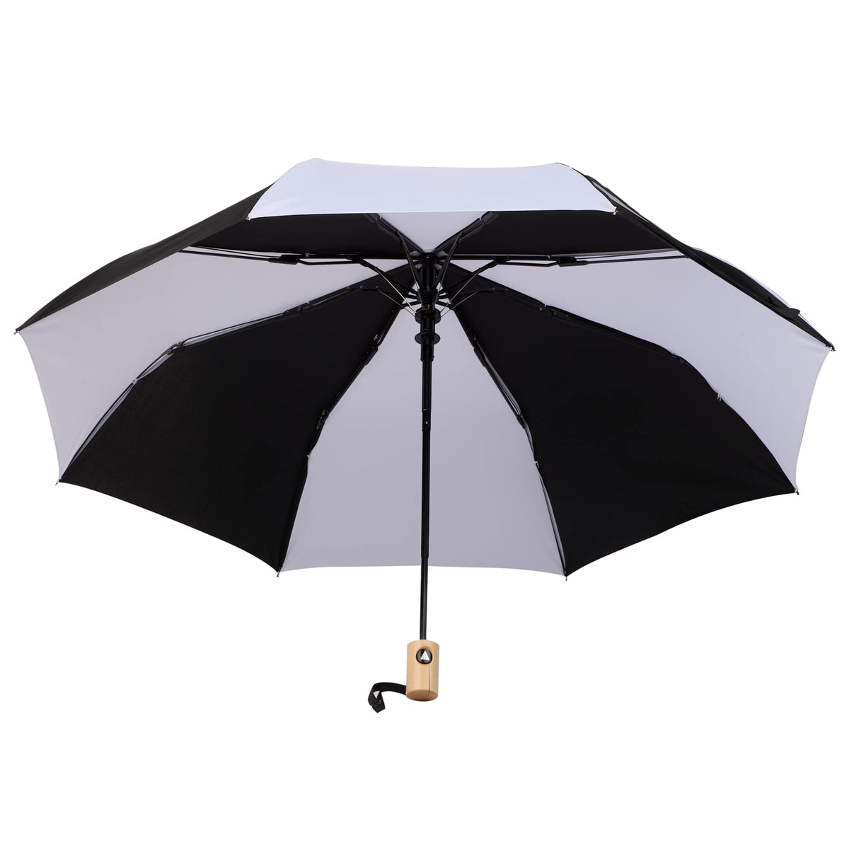 Recycled Auto-Open Folding Umbrella with Wood Handle, 42 Inch Transfer - Black/White - Open Canopy