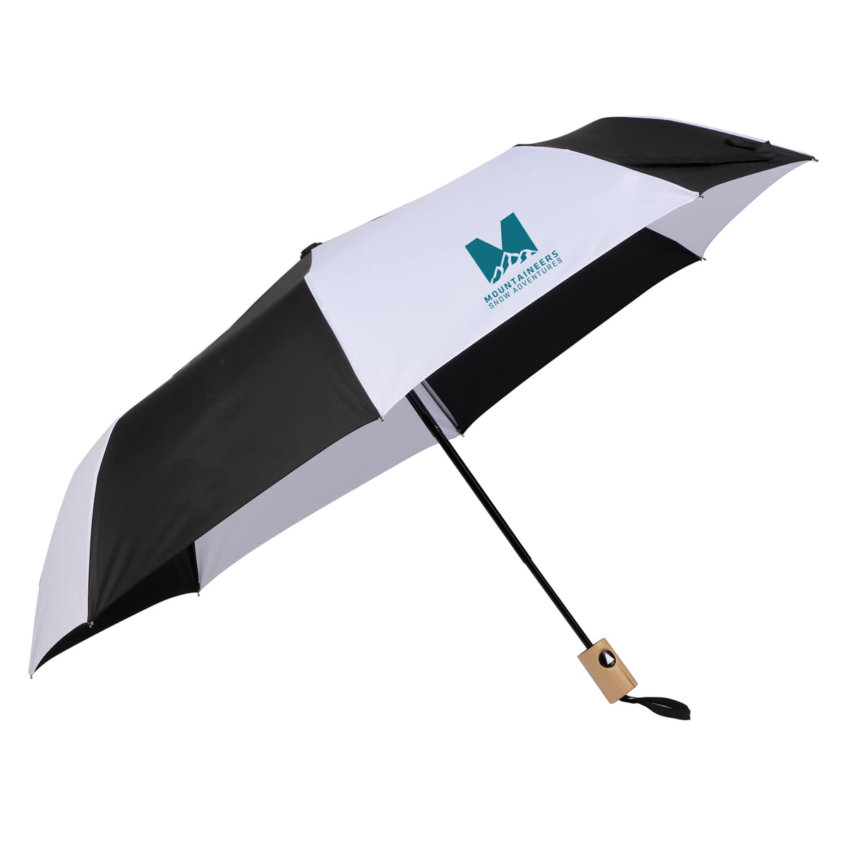 Recycled Auto-Open Folding Umbrella with Wood Handle, 42 Inch Transfer - Black/White - Right Angle