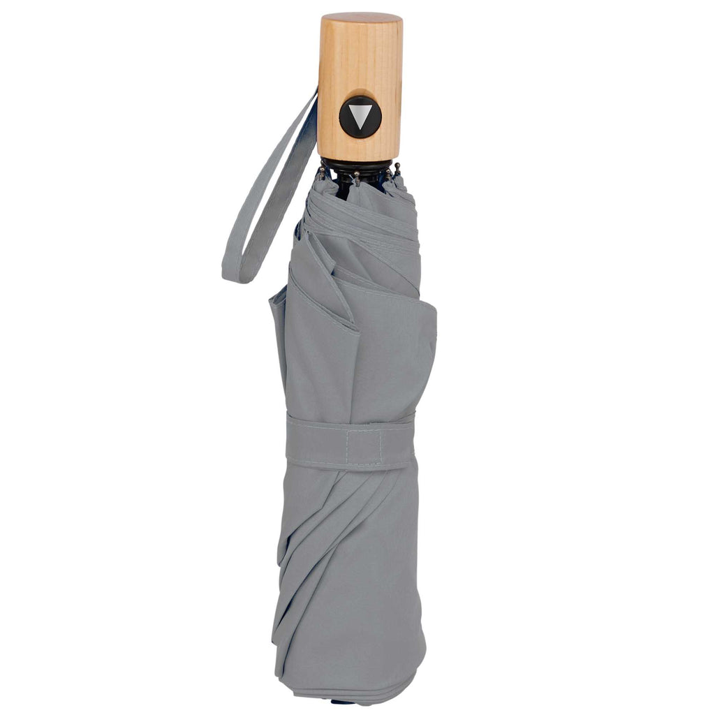 Recycled Auto-Open Folding Umbrella with Wood Handle, 42 Inch Transfer - Gray - Front 2
