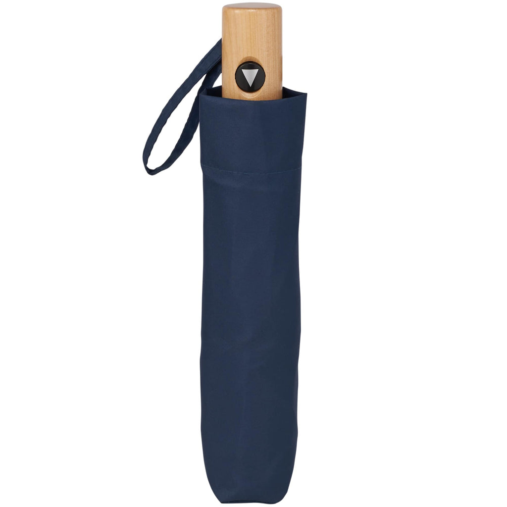 Recycled Auto-Open Folding Umbrella with Wood Handle, 42 Inch Transfer - Navy - Front 5