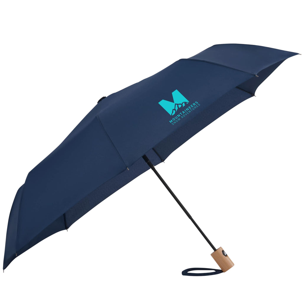 Recycled Auto-Open Folding Umbrella with Wood Handle, 42 Inch Transfer - Navy - Left Angle 2